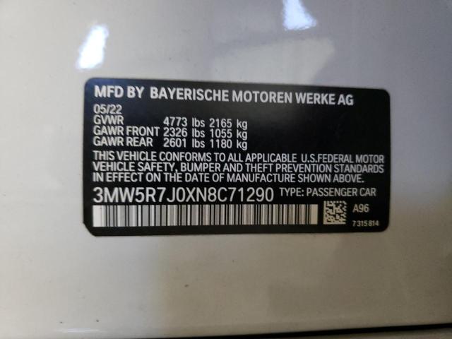 3MW5R7J0XN8C71290 - 2022 BMW 330XI WHITE photo 12