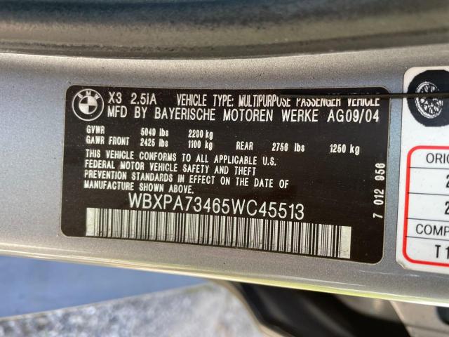 WBXPA73465WC45513 - 2005 BMW X3 2.5I SILVER photo 10