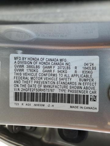 2HGFE2F50RH575767 - 2024 HONDA CIVIC SPORT SILVER photo 13