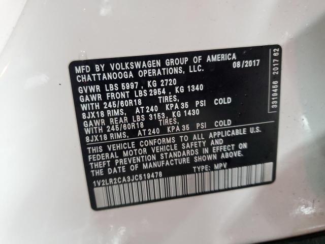 1V2LR2CA3JC519478 - 2018 VOLKSWAGEN ATLAS SE Blanco foto 13