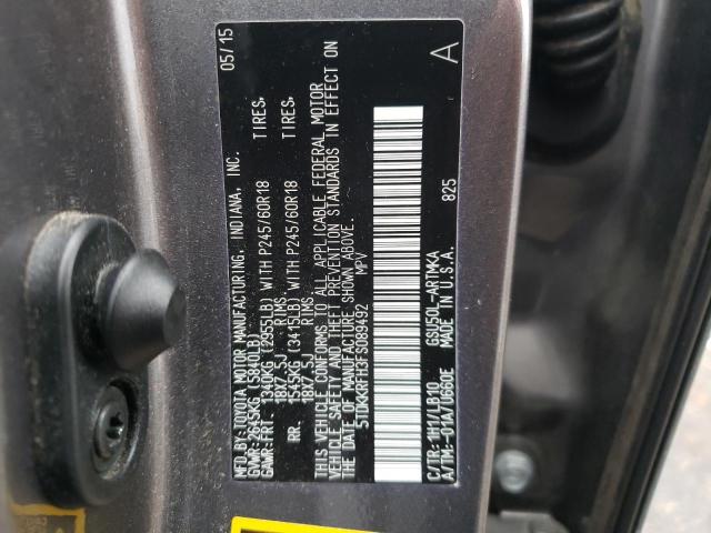 5TDKKRFH3FS089492 - 2015 TOYOTA HIGHLANDER XLE GRAY photo 13