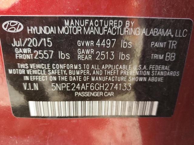 5NPE24AF6GH274133 - 2016 HYUNDAI SONATA SE RED photo 12