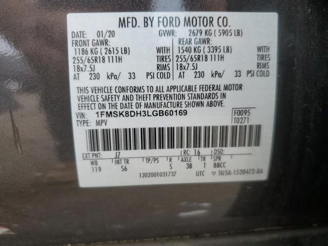 1FMSK8DH3LGB60169 - 2020 FORD EXPLORER XLT GRAY photo 13