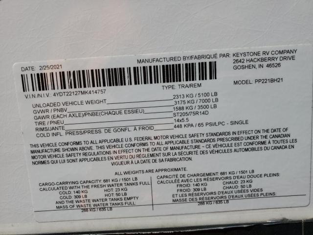 4YDT22127MK414757 - 2021 KEYSTONE PASSPORT TWO TONE photo 10