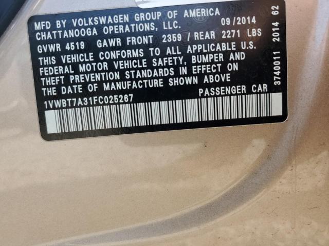 1VWBT7A31FC025267 - 2015 VOLKSWAGEN PASSAT SE 金色 照片 12