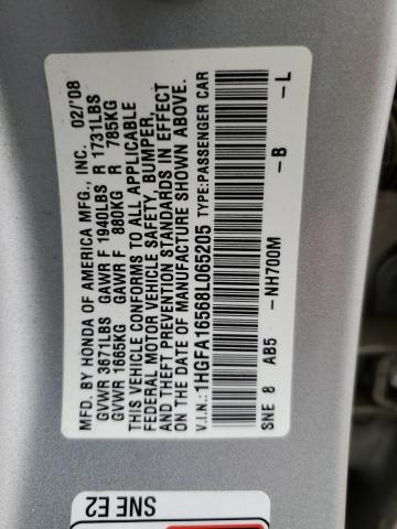 1HGFA16568L065205 - 2008 HONDA CIVIC LX ვერცხლისფერი ფოტო 12