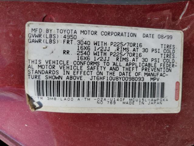 JT6HF10U8Y0098093 - 2000 LEXUS RX 300 RED photo 13