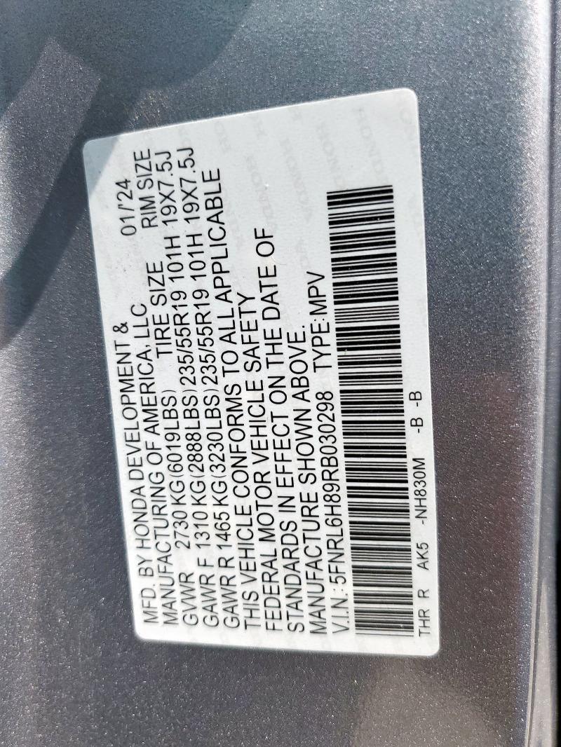 5FNRL6H89RB030298 - 2024 HONDA ODYSSEY TOURING SILVER photo 13