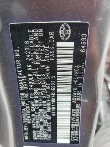 4T1B11HK4KU690215 - 2019 TOYOTA CAMRY L GRAY photo 12