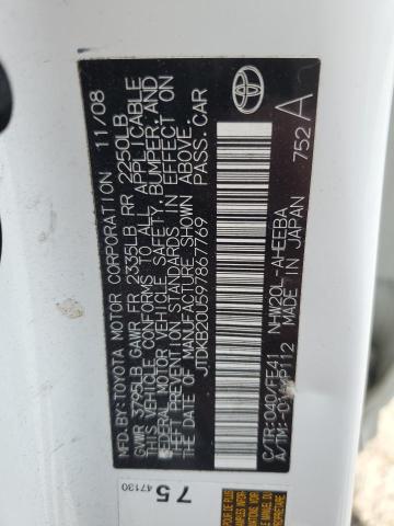 JTDKB20U597867769 - 2009 TOYOTA PRIUS WHITE photo 12