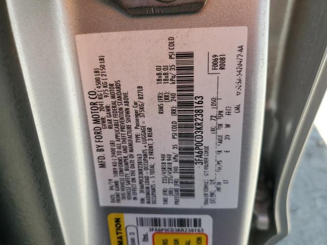 3FA6P0CD3KR238163 - 2019 FORD FUSION SEL SILVER photo 12