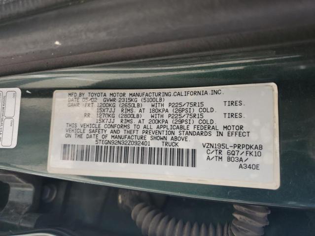 5TEGN92N32Z092401 - 2002 TOYOTA TACOMA DOUBLE CAB PRERUNNER GREEN photo 12