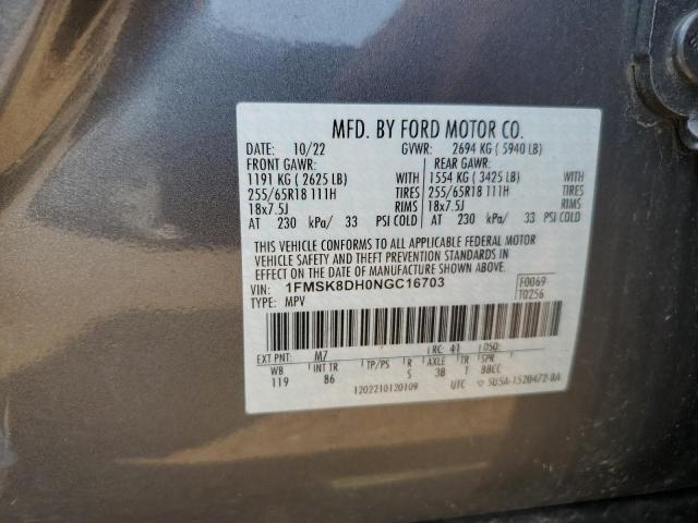 1FMSK8DH0NGC16703 - 2022 FORD EXPLORER XLT GRAY photo 13
