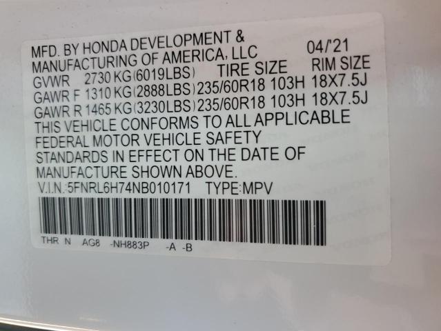 5FNRL6H74NB010171 - 2022 HONDA ODYSSEY EXL თეთრი ფოტო 13