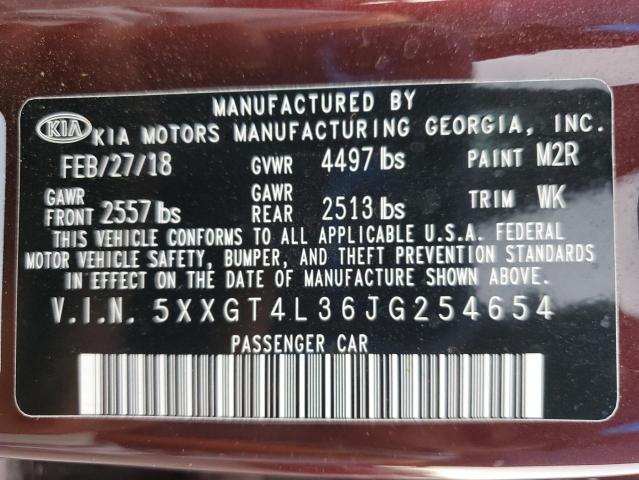 5XXGT4L36JG254654 - 2018 KIA OPTIMA LX 勃艮第红 照片 12