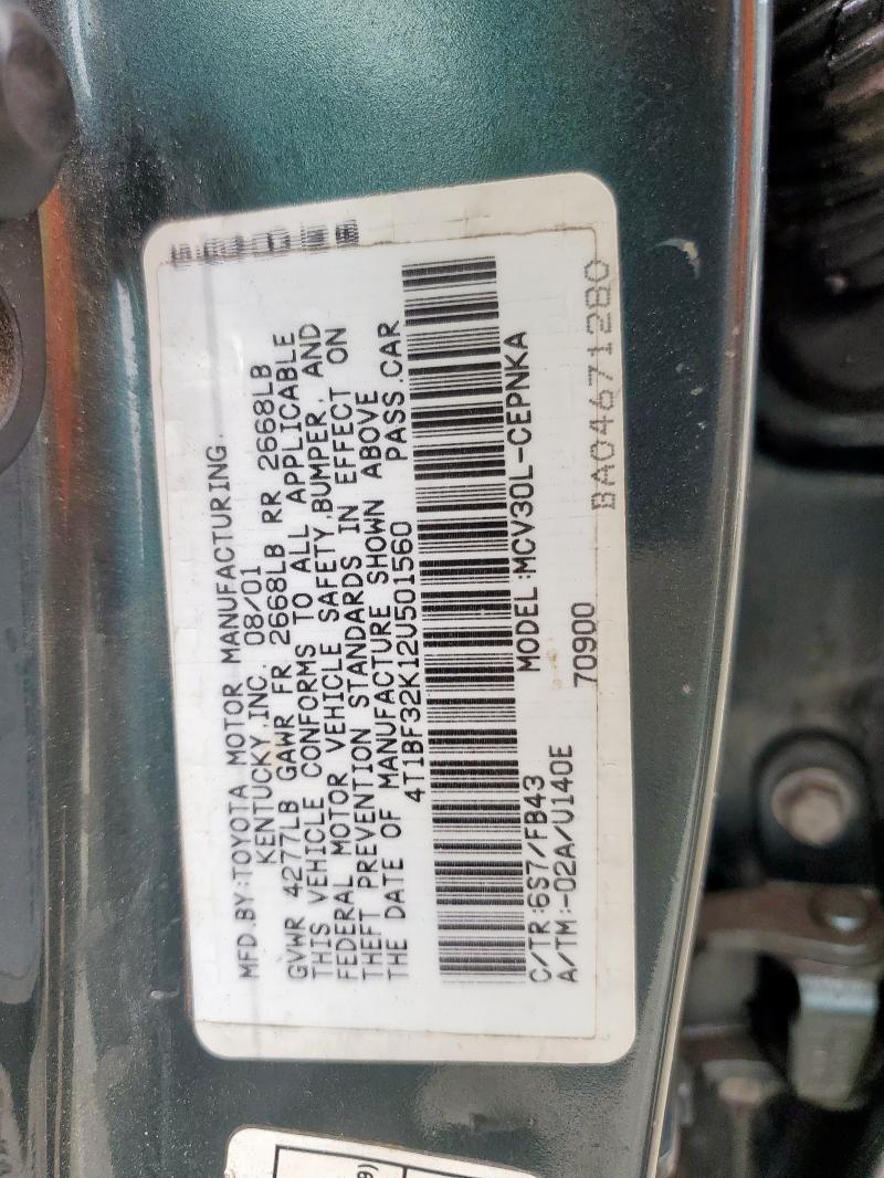 4T1BF32K12U501560 - 2002 TOYOTA CAMRY LE GREEN photo 12