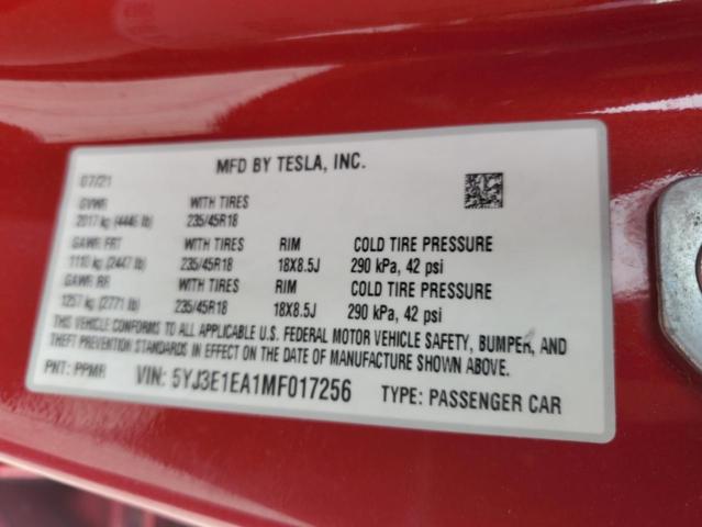 5YJ3E1EA1MF017256 - 2021 TESLA MODEL 3 BURGUNDY photo 12