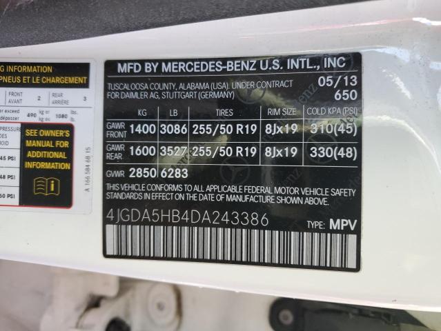 4JGDA5HB4DA243386 - 2013 MERCEDES-BENZ ML 350 4MATIC WHITE photo 10