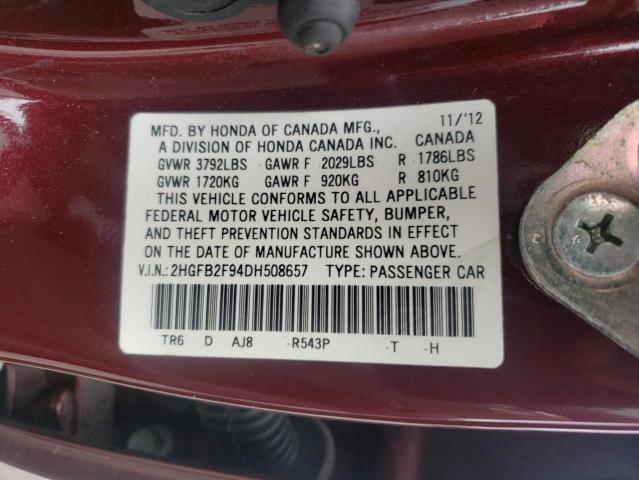 2HGFB2F94DH508657 - 2013 HONDA CIVIC EXL ბურგუნდია ფოტო 12