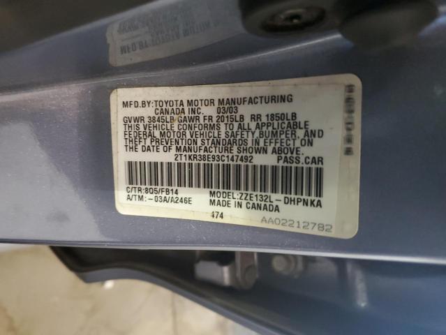 2T1KR38E93C147492 - 2003 TOYOTA COROLLA MA XR BLUE photo 12