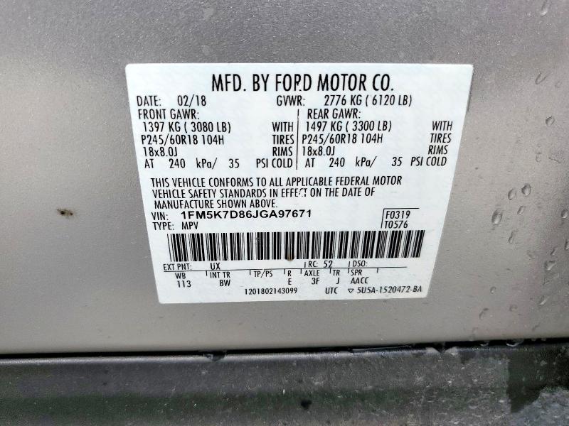 1FM5K7D86JGA97671 - 2018 FORD EXPLORER XLT Сріблястий фото 14