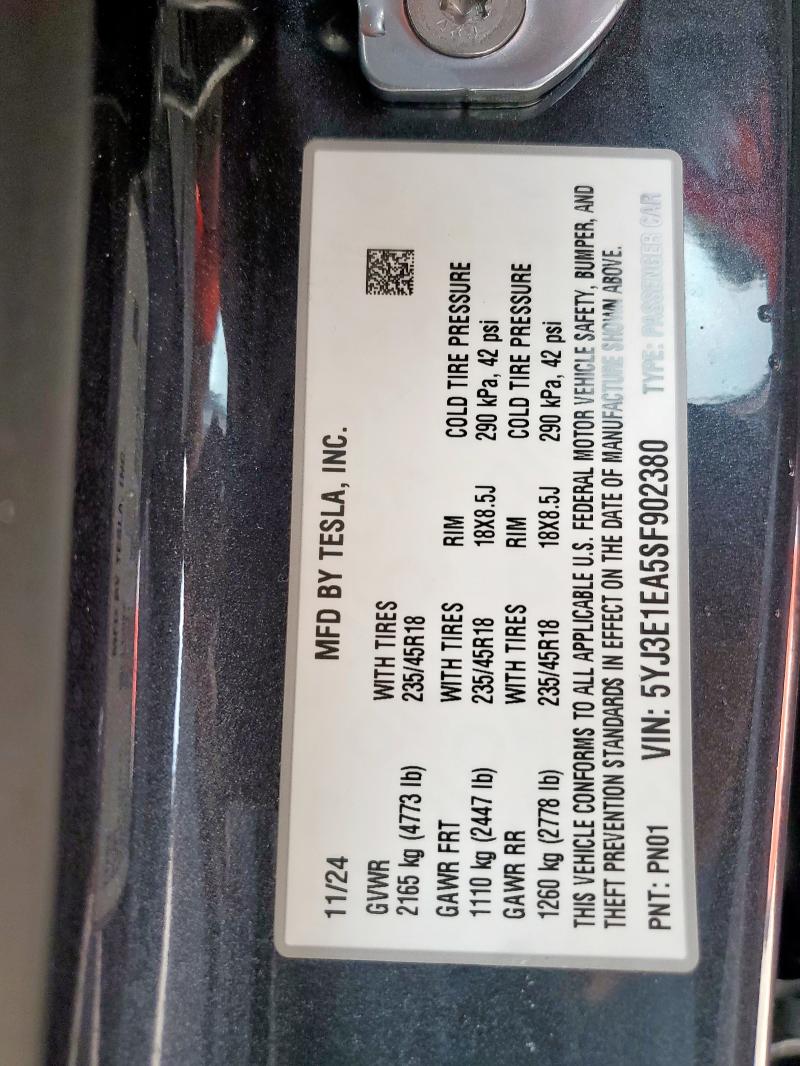 5YJ3E1EA5SF902380 - 2025 TESLA MODEL 3 GRAY photo 12