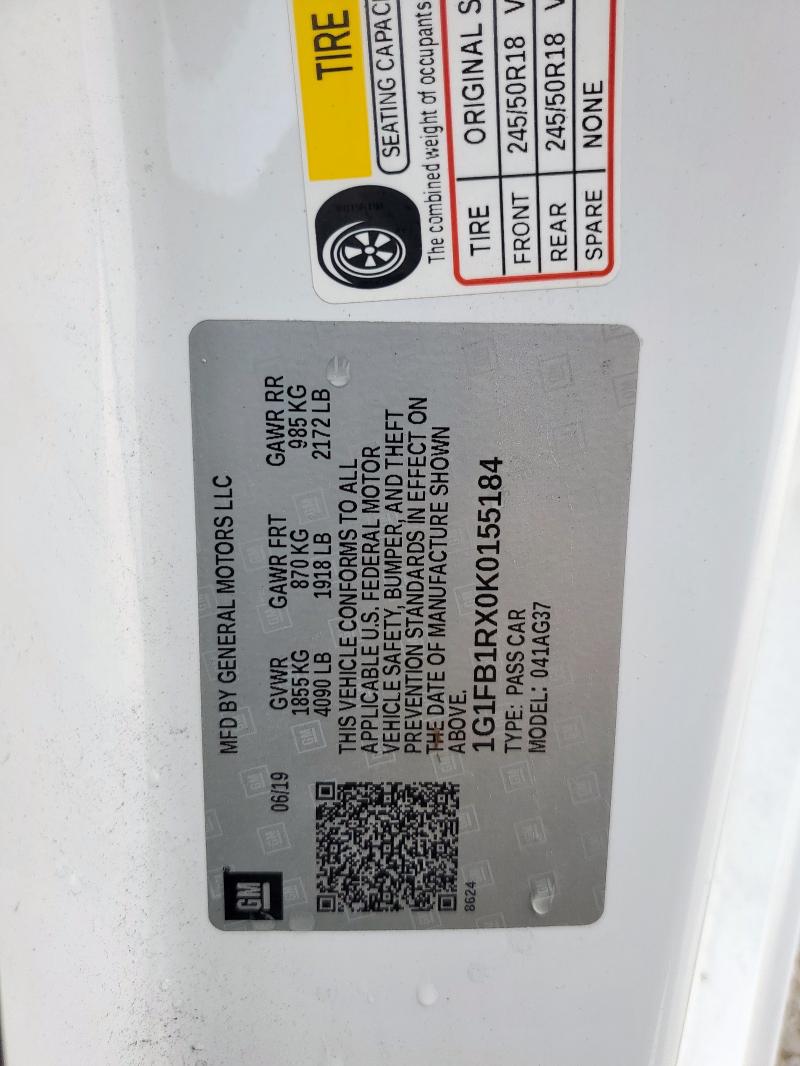 1G1FB1RX0K0155184 - 2019 CHEVROLET CAMARO LS WHITE photo 13