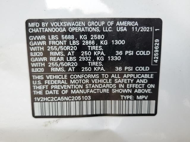 1V2HC2CA5NC205103 - 2022 VOLKSWAGEN ATLAS CROS SE WHITE photo 13