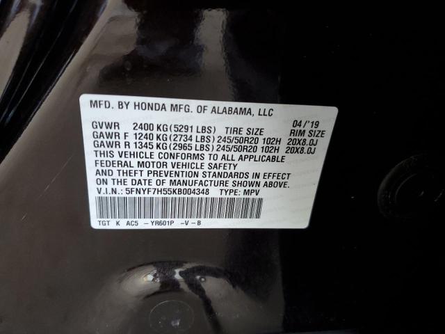 5FNYF7H55KB004348 - 2019 HONDA PASSPORT EXL BLACK photo 13