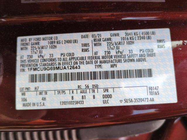 1FMCU9G69MUA12643 - 2021 FORD ESCAPE SE Bordo foto 13