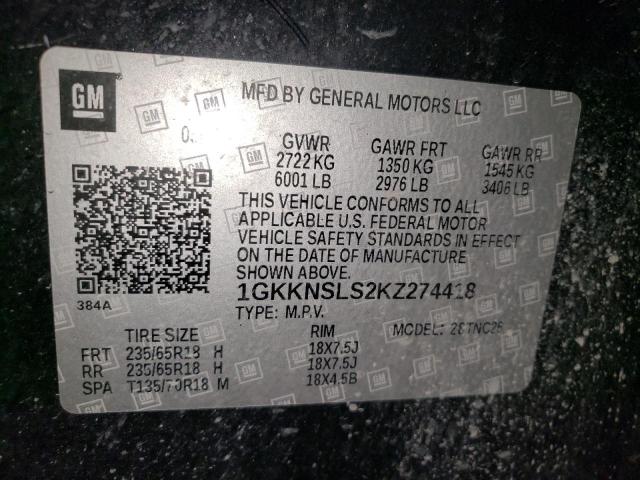 1GKKNSLS2KZ274418 - 2019 GMC ACADIA SLE შავი ფოტო 13