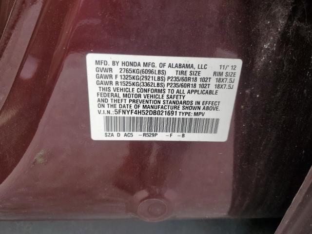 5FNYF4H52DB021691 - 2013 HONDA PILOT EXL برغندي صورة 13