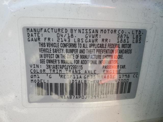 3N1AB7AP0JY299115 - 2018 NISSAN SENTRA S 白色 照片 12