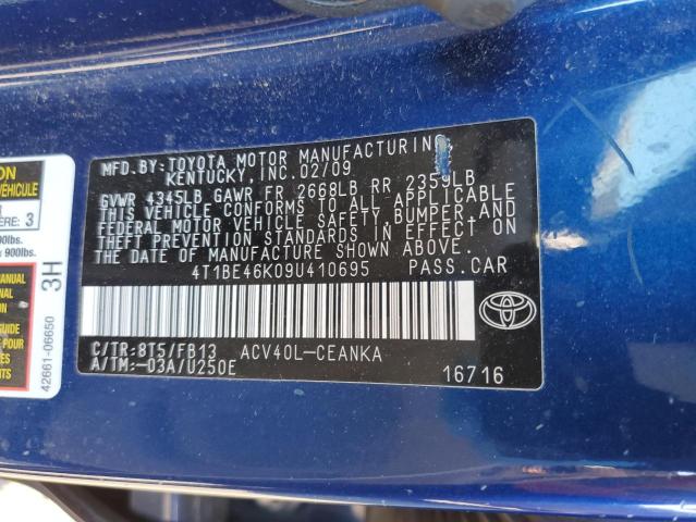 4T1BE46K09U410695 - 2009 TOYOTA CAMRY BASE BLUE photo 12