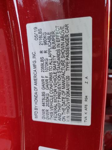 1HGCV1F33KA101120 - 2019 HONDA ACCORD SPORT RED photo 12