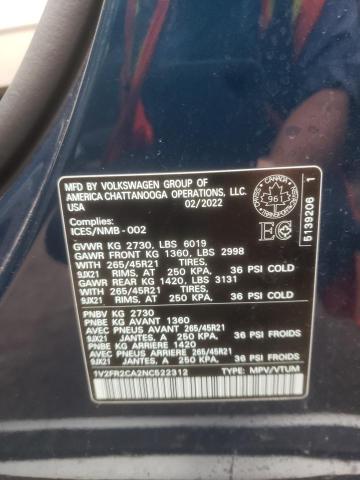 1V2FR2CA2NC522312 - 2022 VOLKSWAGEN ATLAS SEL PREMIUM R-LINE BLUE photo 14