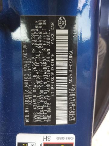 4T1BE46K09U384616 - 2009 TOYOTA CAMRY BASE BLUE photo 12