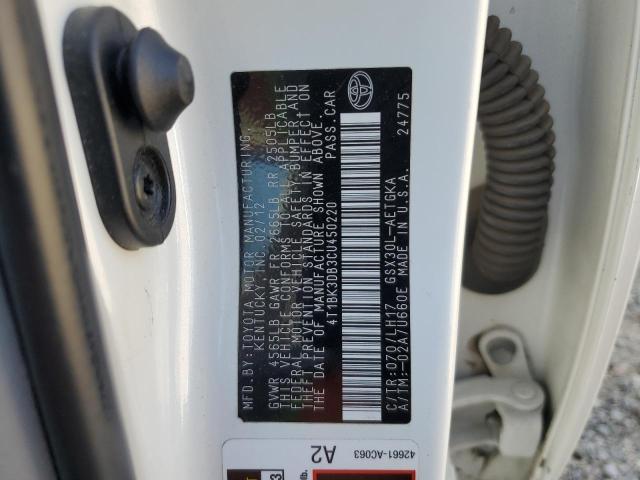 4T1BK3DB3CU450220 - 2012 TOYOTA AVALON BASE WHITE photo 13