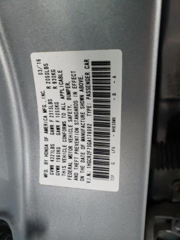 1HGCR2F75GA178592 - 2016 HONDA ACCORD EX SILVER photo 10