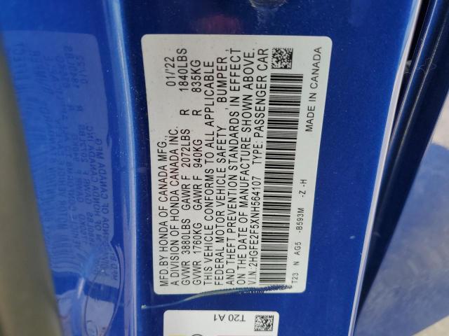 2HGFE2F5XNH564107 - 2022 HONDA CIVIC SPORT ლურჯი ფოტო 12