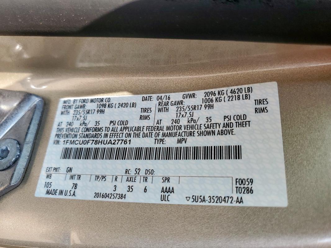 1FMCU0F78HUA27761 - 2017 FORD ESCAPE S თაფლისფერი ფოტო 14