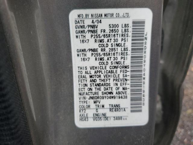 JN8DR09Y04W919438 - 2004 NISSAN PATHFINDER LE თაფლისფერი ფოტო 14