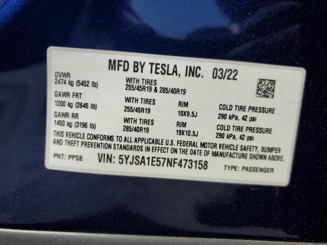 5YJSA1E57NF473158 - 2022 TESLA MODEL S Azul foto 13
