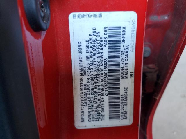 2T1KR32E83C158833 - 2003 TOYOTA COROLLA MA XR RED photo 12
