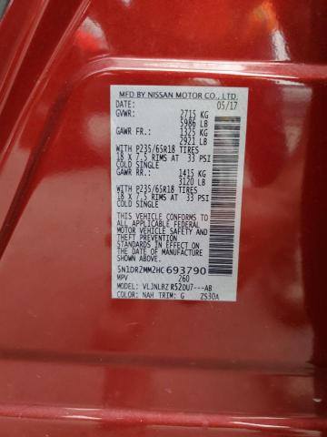 5N1DR2MM2HC693790 - 2017 NISS PATHFINDER S წითელი ფოტო 13