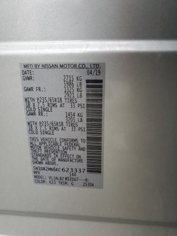 5N1DR2MN6KC623337 - 2019 NISSAN PATHFINDER S 银色 照片 10