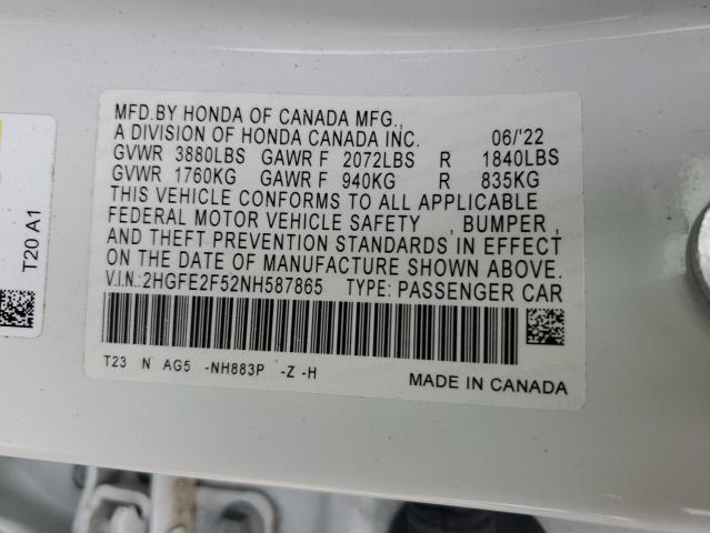 2HGFE2F52NH587865 - 2022 HONDA CIVIC SPORT WHITE photo 12