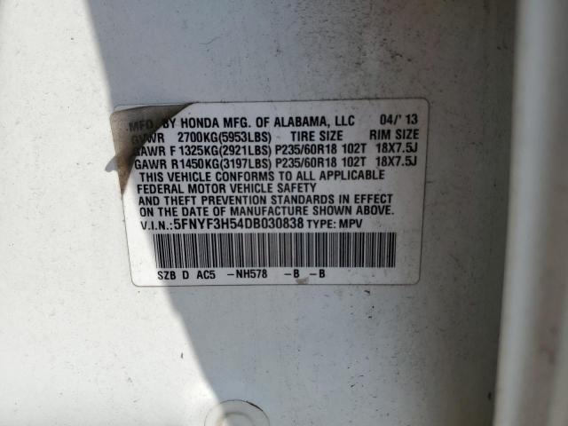 5FNYF3H54DB030838 - 2013 HONDA PILOT EXL თეთრი ფოტო 13