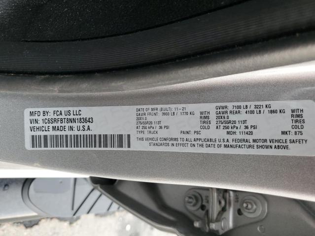 1C6SRFBT8NN183643 - 2022 RAM 1500 BIG HORN/LONE STAR SILVER photo 12