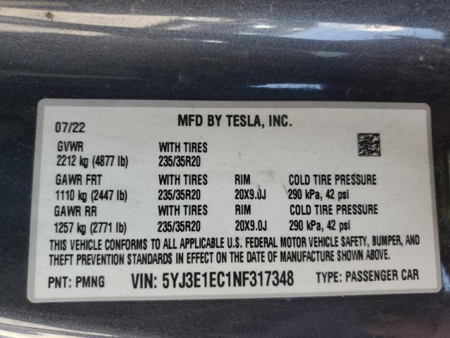5YJ3E1EC1NF317348 - 2022 TESLA MODEL 3 Մոխրագույն լուսանկար 12